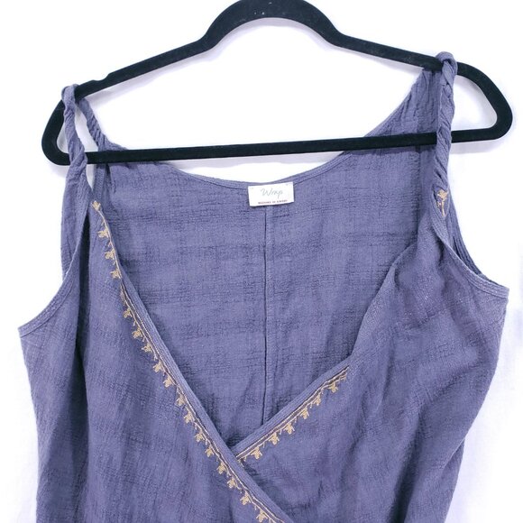Wrap Designed in London Blue Gray Linen Blend Embroidery Wrap Mid Dress 8 - Picture 7 of 16